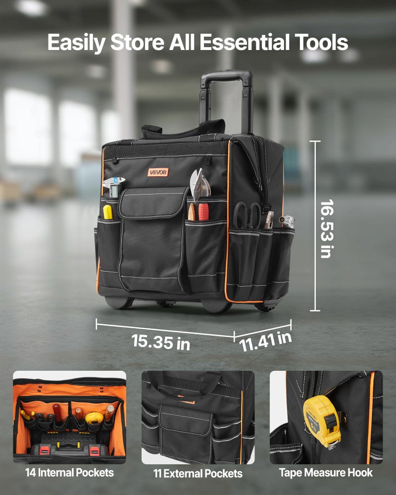 VEVOR 15" Rolling Tool Bag, 110 lbs Load Capacity, 25 Pockets Heavy Duty Roller Tool Bag on Wheels, Adjustable Telescoping Handle & Stable Base, Toolbag Organizers w/Wheels for Construction, Mechanic - Image 2