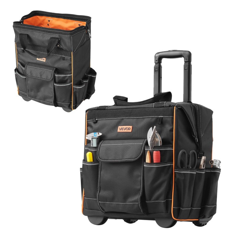 VEVOR 15" Rolling Tool Bag, 110 lbs Load Capacity, 25 Pockets Heavy Duty Roller Tool Bag on Wheels, Adjustable Telescoping Handle & Stable Base, Toolbag Organizers w/Wheels for Construction, Mechanic - Image 1