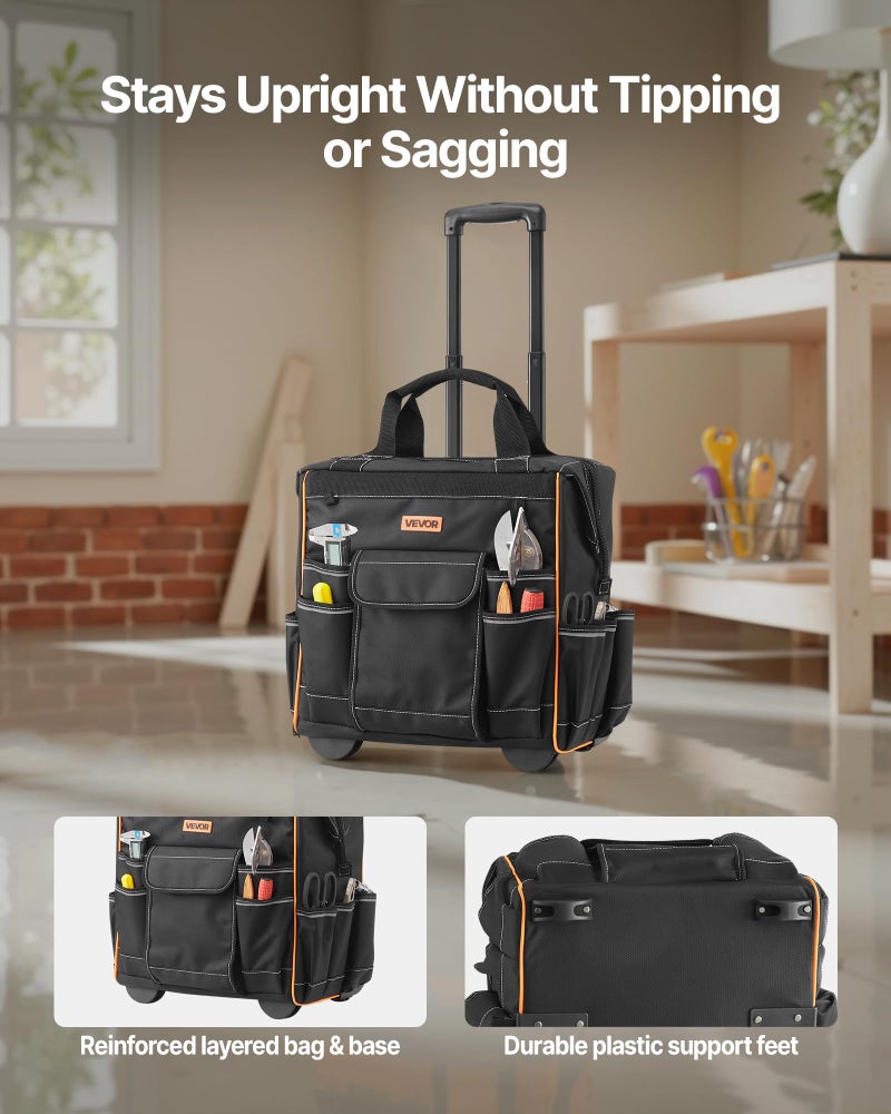 VEVOR 15" Rolling Tool Bag, 110 lbs Load Capacity, 25 Pockets Heavy Duty Roller Tool Bag on Wheels, Adjustable Telescoping Handle & Stable Base, Toolbag Organizers w/Wheels for Construction, Mechanic - Image 5