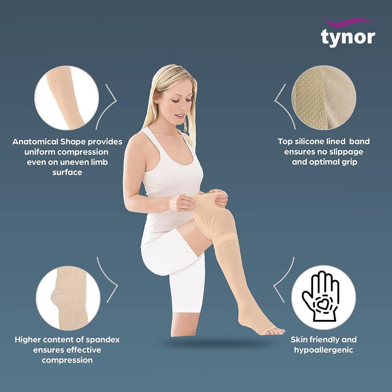Tynor Medical Compression Stocking Thigh High Class 2 (Pair), Beige, Small, 1 Pair - Image 3