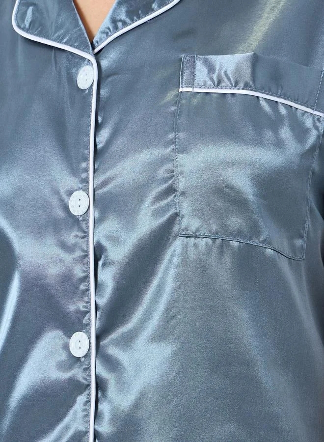 Take Two Blue Blue Solid Piping Detail Shirt and Shorts Set for Women | Best Price UAE
