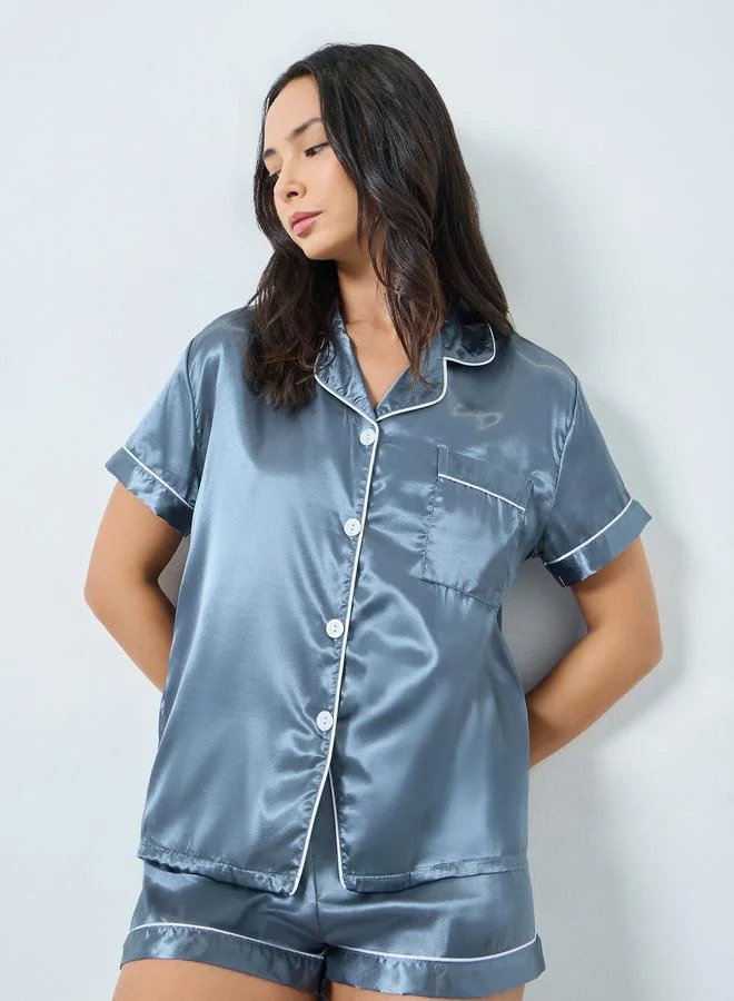 Take Two Blue Solid Piping Detail Shirt and Shorts Set