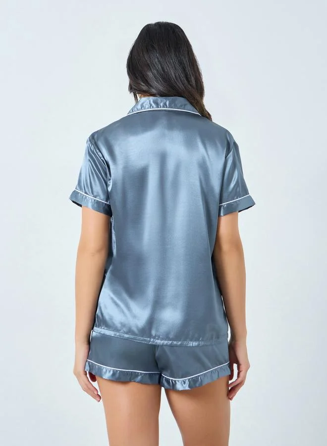 Take Two Blue Blue Solid Piping Detail Shirt and Shorts Set for Women | Best Price UAE