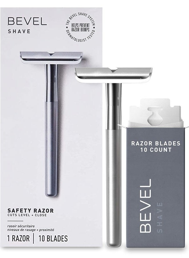 Bevel Safety Razor with Brass Weighted Handle and 10 Double Edge Safety Blade Refills, Single Blade Razor for Men, Designed for Coarse Hair to Prevent Razor Bumps - Silver (Packaging May Vary) - Image 1