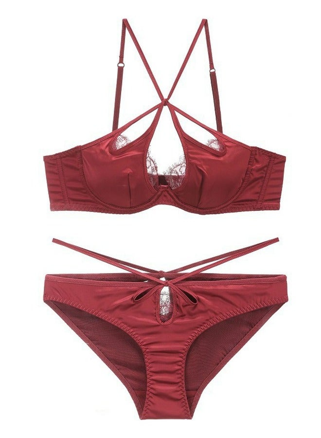 Loquat Solid Color Thin Cup Cross Strap Bra And Panty Set Red 