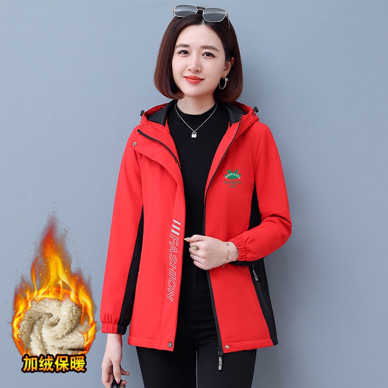 Lamb Velvet fleece-lined Thickened Warm Hooded Jacket Womens Autumn and Winter New Outdoor Contrast Windproof Zipper Shirt Red 