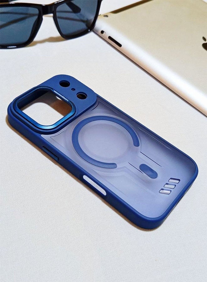 جراب مقاوم للصدمات ممتاز لهاتف ايفون 17 برو - مع إطار معدني للكاميرا - غطاء مغناطيسي غير لامع أنيق لجميع الأعمار ويدعم ماج سيف - مضاد لبصمات الأصابع وحماية الكاميرا ومقاومة للسقوط - متوافق مع ايفون 17 برو - ازرق - Image 2