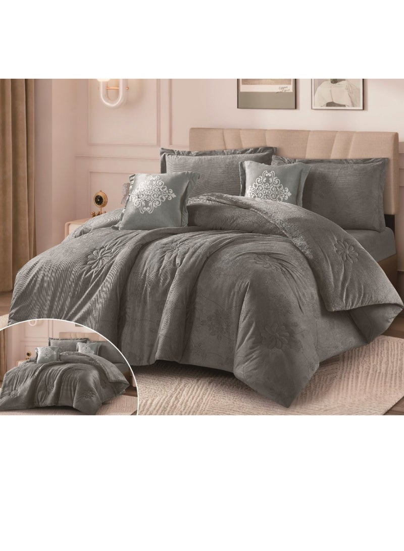 SMART HOME Double-sided winter Comforter (velvet and faux fur) with shiny jacquard patterns –6-piece Luxurious full double duvet set includes a 250x230 cm duvet cover, a 200x200+30 cm fitted sheet, two 50x75+5 cm pillowcases, and two 45x45+5 cm square pillowcases – Elegant, soft, and warm hotel-style bedding. - Image 1