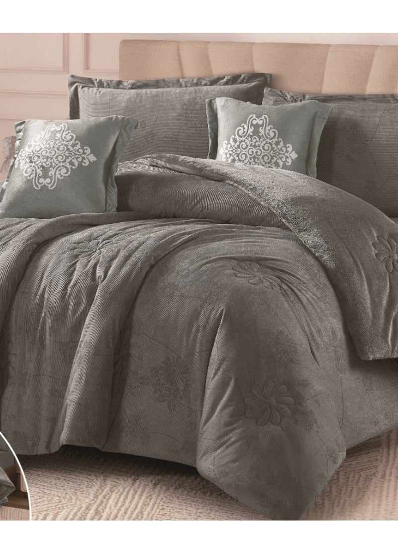 SMART HOME Double-sided winter Comforter (velvet and faux fur) with shiny jacquard patterns –6-piece Luxurious full double duvet set includes a 250x230 cm duvet cover, a 200x200+30 cm fitted sheet, two 50x75+5 cm pillowcases, and two 45x45+5 cm square pillowcases – Elegant, soft, and warm hotel-style bedding. - Image 2