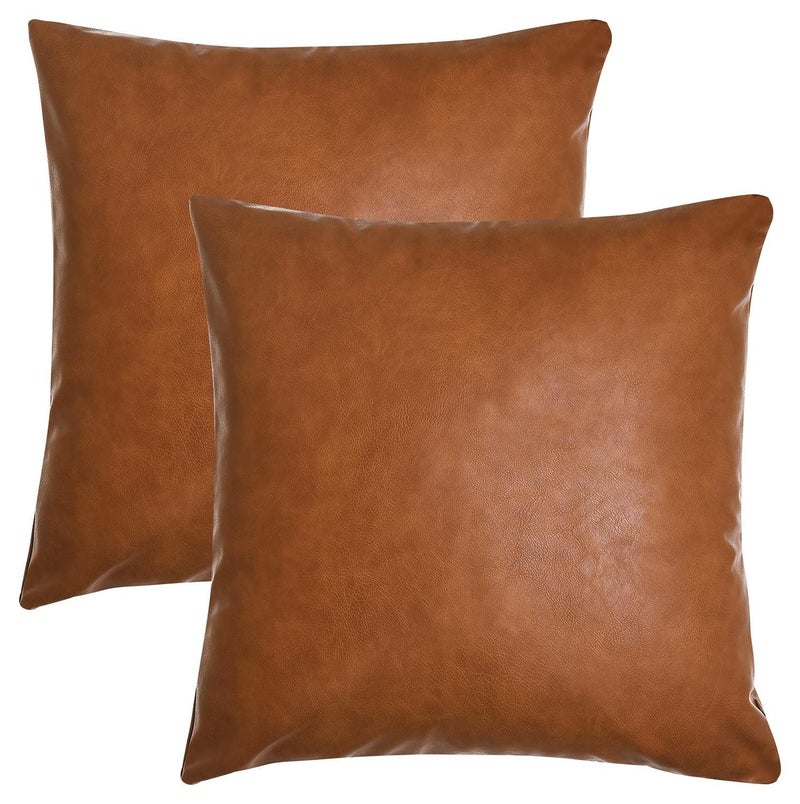 ميكسد الهندسة الحديثة ديكور وسادة القضية الرئيسية تعتمد على وسادة القضية 2 قطعة مزرعة ديكور الشريط التصحيح الكتان وسادة القضية ، تان الجلود الاصطناعية ميزة 18x18 بوصة وسادة القضية - Image 1