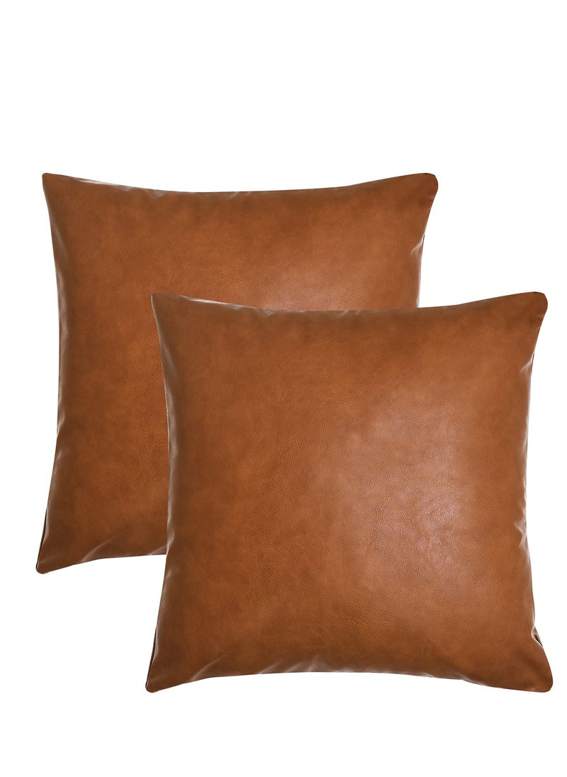 MIXDE Modern Geometric Decorative Throw Pillow Covers Home Cushion Covers Set of 2 Farmhouse Decor Stripe Patchwork Linen Throw Pillow Covers, Tan Faux Leather Accent Pillow Covers 18x18 inch  - Image 1