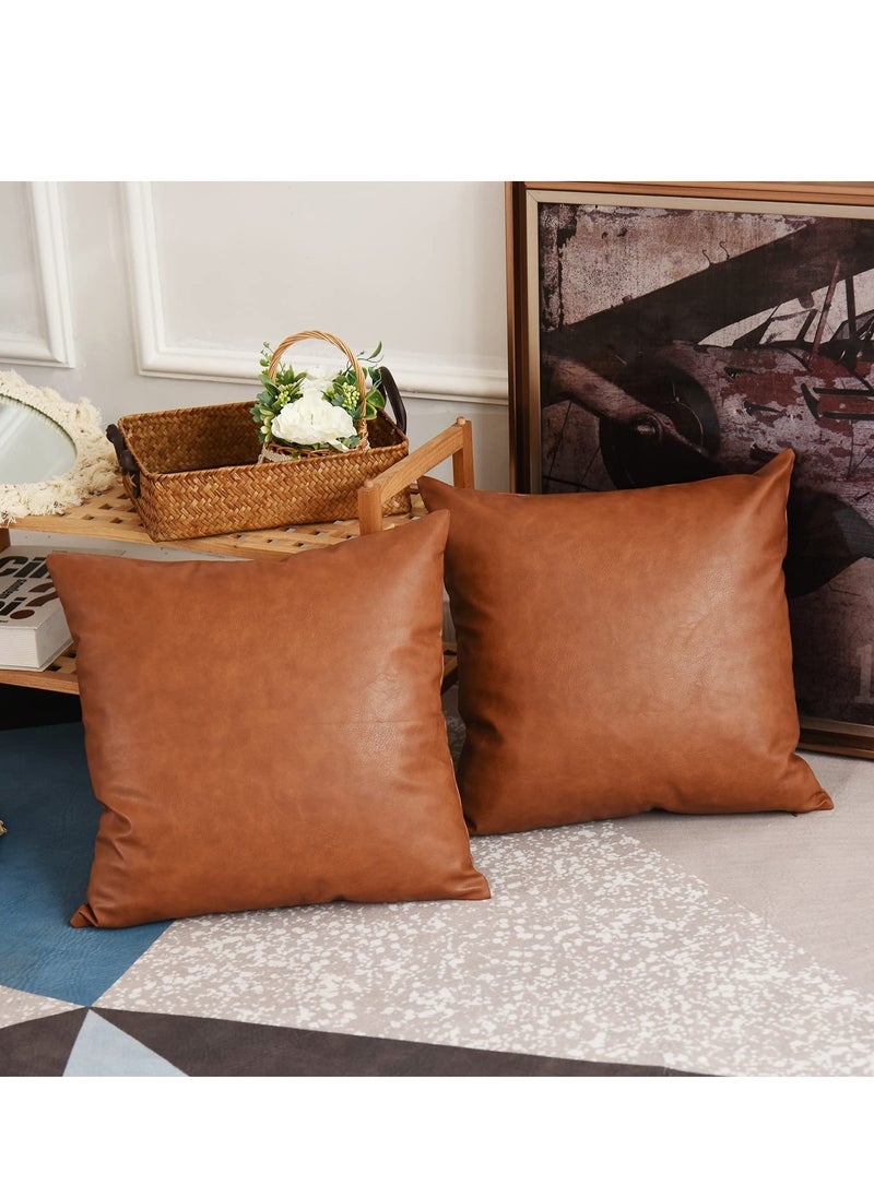 MIXDE Modern Geometric Decorative Throw Pillow Covers Home Cushion Covers Set of 2 Farmhouse Decor Stripe Patchwork Linen Throw Pillow Covers, Tan Faux Leather Accent Pillow Covers 18x18 inch  - Image 3