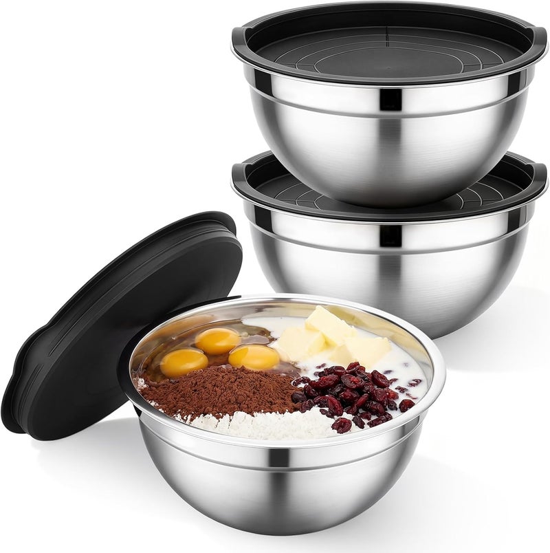 Beasea Mixing Bowls with Lids Set of 3, 2.5 QT Stainless Steel Nesting Mixing Bowls with Airtight Lids, Kitchen Metal Nesting Bowl with Lid for Baking, Food Prepping, Serving - Image 1