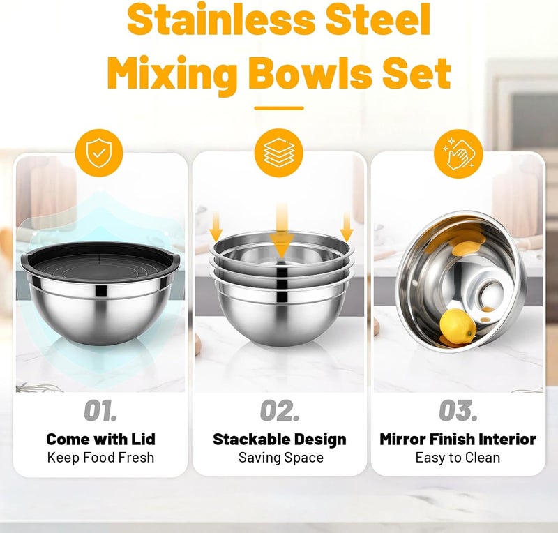 Beasea Mixing Bowls with Lids Set of 3, 2.5 QT Stainless Steel Nesting Mixing Bowls with Airtight Lids, Kitchen Metal Nesting Bowl with Lid for Baking, Food Prepping, Serving - Image 3