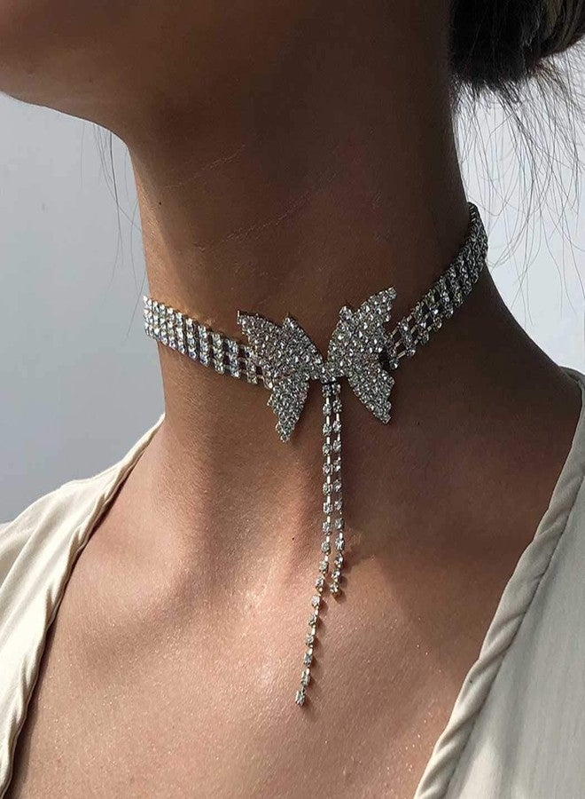 ELABEST Rhinestone Bowknot Butterfly Star Necklace Sparkly Tassel Choker Crystal Tennis Chain Nightclub Party Jewelry for Women (Butterfly tassel) - Image 1