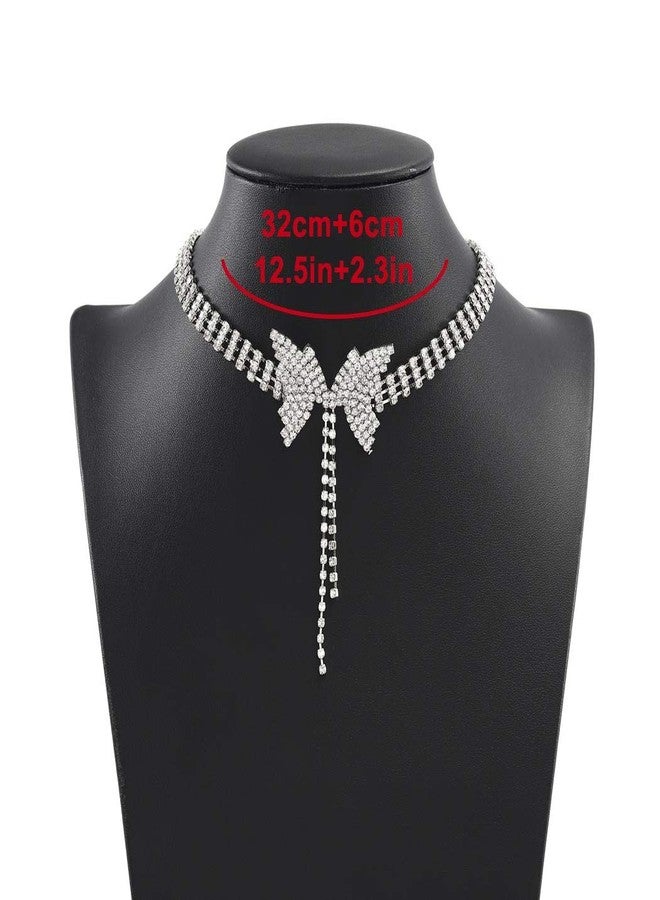 ELABEST Rhinestone Bowknot Butterfly Star Necklace Sparkly Tassel Choker Crystal Tennis Chain Nightclub Party Jewelry for Women (Butterfly tassel) - Image 2