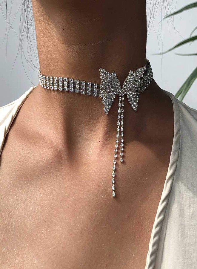 ELABEST Rhinestone Bowknot Butterfly Star Necklace Sparkly Tassel Choker Crystal Tennis Chain Nightclub Party Jewelry for Women (Butterfly tassel) - Image 3