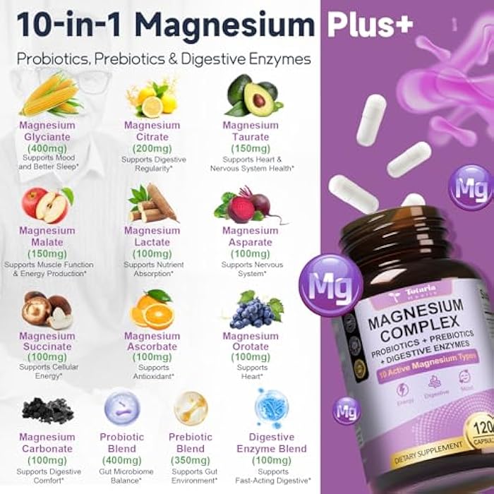 Totaria 10-in-1 Magnesium Complex Supplement with Probiotics Prebiotics & Digestive Enzymes, 100 Billion CFU Probiotics for Women, High Absorption for Muscle, Sleep Calm, Gut & Digestive Health, Vegan Non-GMO - Image 2
