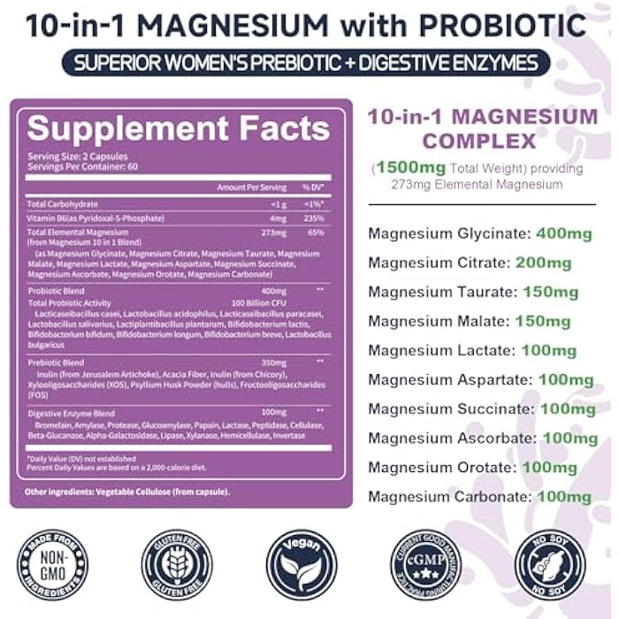 Totaria 10-in-1 Magnesium Complex Supplement with Probiotics Prebiotics & Digestive Enzymes, 100 Billion CFU Probiotics for Women, High Absorption for Muscle, Sleep Calm, Gut & Digestive Health, Vegan Non-GMO - Image 5