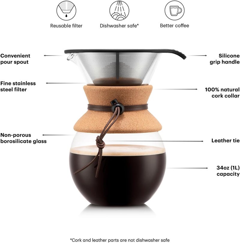 bodum Pour Over Coffee Maker with Permanent Filter, New Cork, 34 OZ - Image 3