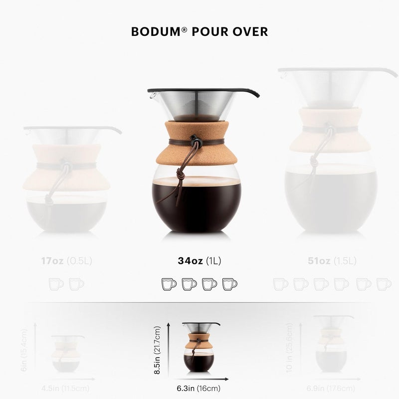 bodum Pour Over Coffee Maker with Permanent Filter, New Cork, 34 OZ - Image 5