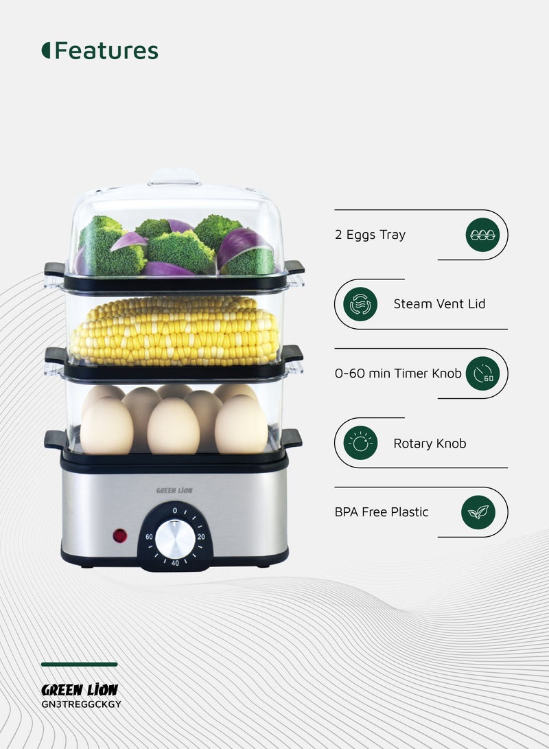 جرين ليون طباخ بيض ثلاثي الطبقات وجهاز تبخير خضروات بقوة 500 وات بسعة 16 بيضة ومقبض مؤقت من 0 إلى 60 دقيقة في المملكة المتحدة / خزان مياه سعة 500 مل / تسخين من الفولاذ المقاوم للصدأ / مقبض دوار / غطاء فتحة بخار / رف بخار سعة 1 لتر / بلاستيك خالٍ من مادة BPA / مؤشر ضوئي - رمادي - Image 4