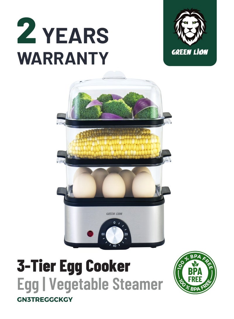 جرين ليون طباخ بيض ثلاثي الطبقات وجهاز تبخير خضروات بقوة 500 وات بسعة 16 بيضة ومقبض مؤقت من 0 إلى 60 دقيقة في المملكة المتحدة / خزان مياه سعة 500 مل / تسخين من الفولاذ المقاوم للصدأ / مقبض دوار / غطاء فتحة بخار / رف بخار سعة 1 لتر / بلاستيك خالٍ من مادة BPA / مؤشر ضوئي - رمادي - Image 1