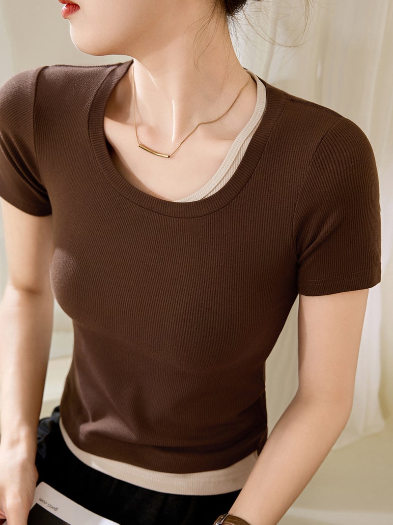 [Select Good Materials] Spliced Contrasting Fake Two-Piece T-Shirt Women'S Short-Sleeved 2025 Slim Fit Bottoming Shirt - Image 5