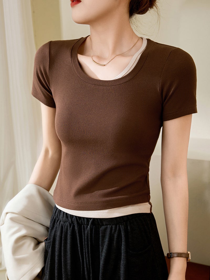 [Select Good Materials] Spliced Contrasting Fake Two-Piece T-Shirt Women'S Short-Sleeved 2025 Slim Fit Bottoming Shirt - Image 4