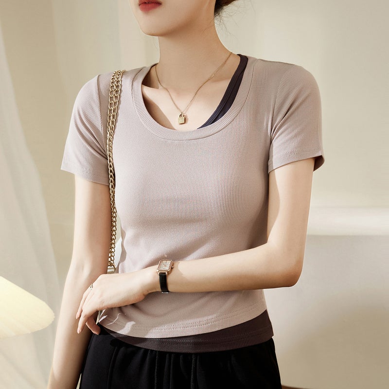 [Select Good Materials] Spliced Contrasting Fake Two-Piece T-Shirt Women'S Short-Sleeved 2025 Slim Fit Bottoming Shirt - Image 1