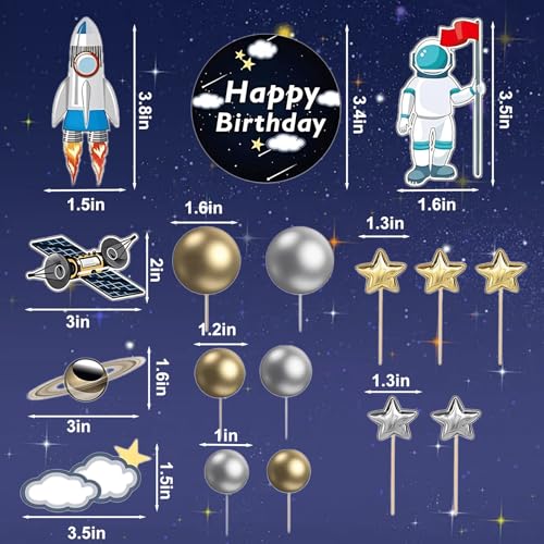 CANIPHA 22Pcs Space Cake Topper,Space Cupcake Toppers Astronaut Figurine Birthday Outer Space Themed Party Decorations Supplies Planet Rocket Pearl Balls and Star DIY Cake Toppers - Image 4
