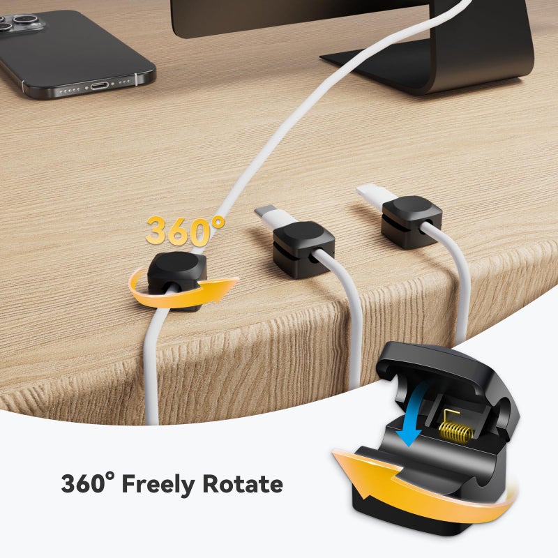 Daisyhome Rotatable Cord Organizer, Enhanced Spring Cable Clips, Strong Adhesive Cable Management, Desk Cord Holder for Nightstand, Office Accessories and Car (8*Black) - Image 2