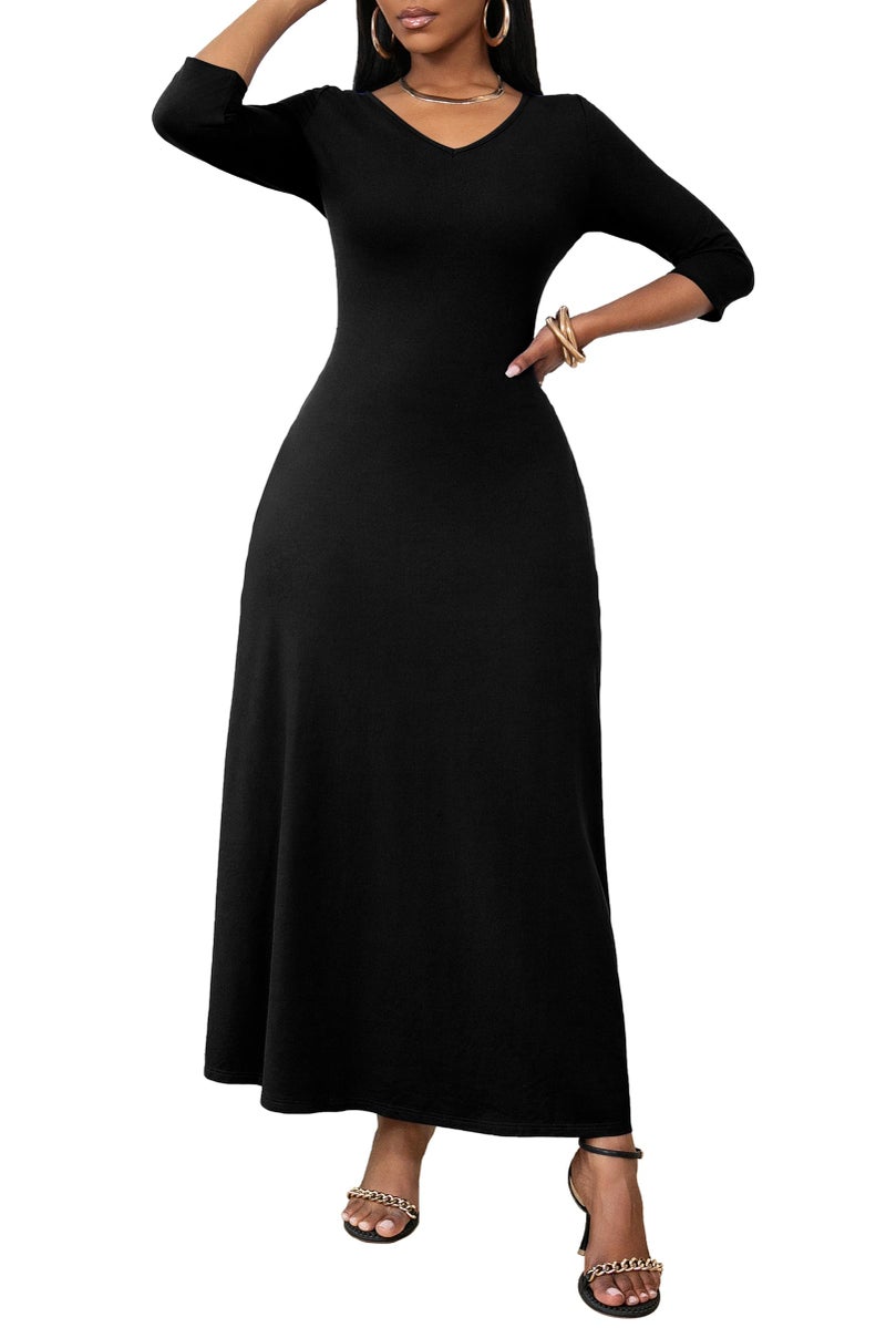 FANDEE Summer Short Sleeve Dress with Pockets for Women Casual V Neck T-Shirt Maxi Dresses, Fall Long Basic Dress X-Large Solid Black - Image 4