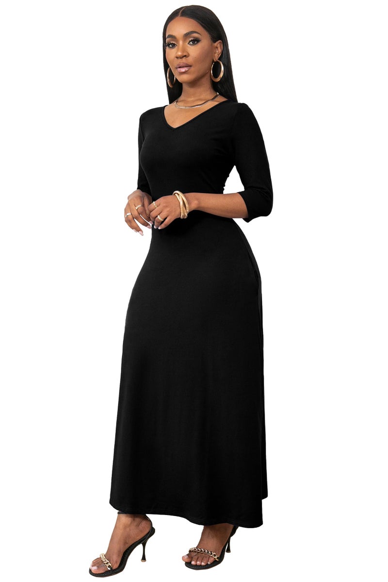 FANDEE Summer Short Sleeve Dress with Pockets for Women Casual V Neck T-Shirt Maxi Dresses, Fall Long Basic Dress X-Large Solid Black - Image 5