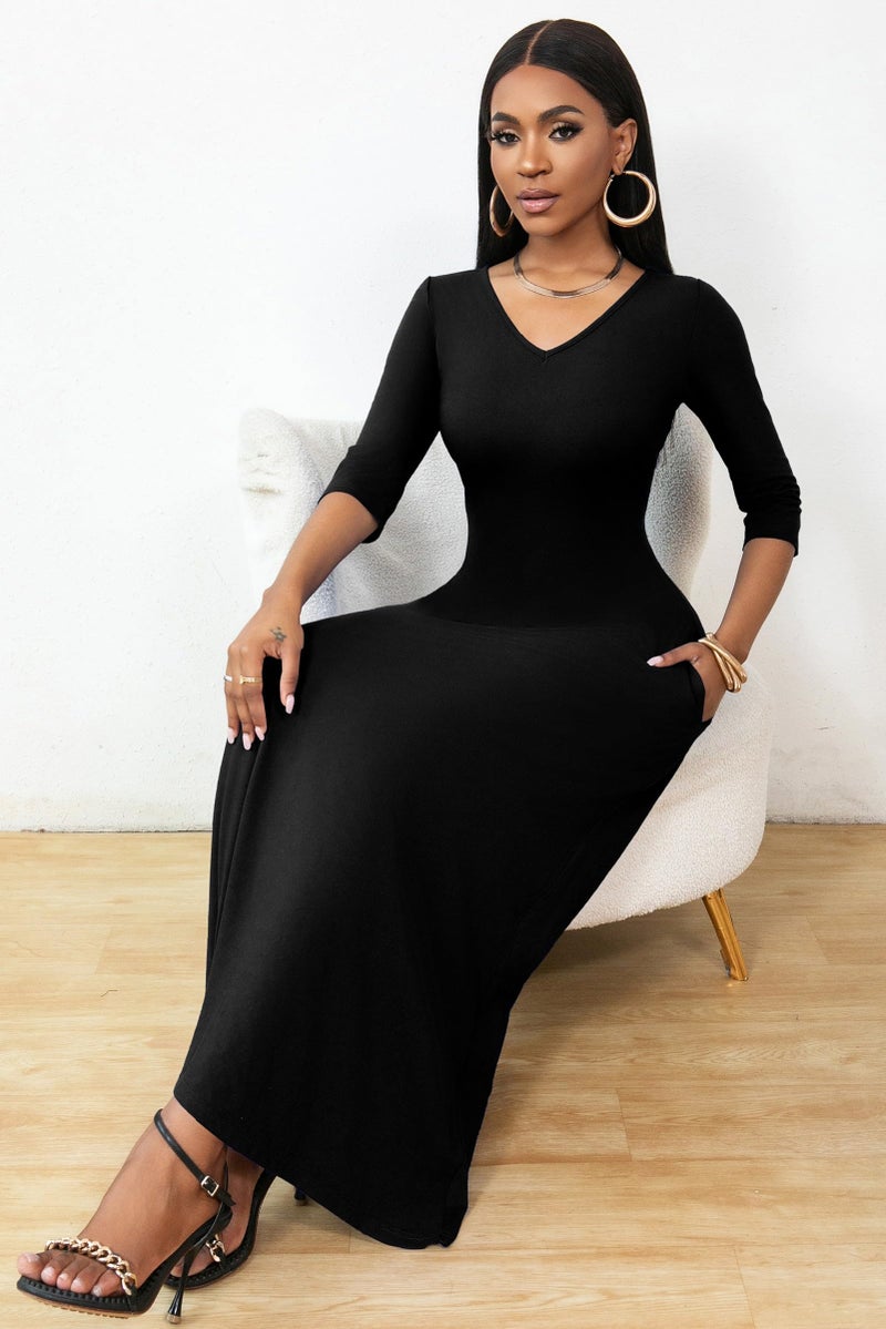 FANDEE Summer Short Sleeve Dress with Pockets for Women Casual V Neck T-Shirt Maxi Dresses, Fall Long Basic Dress X-Large Solid Black - Image 3
