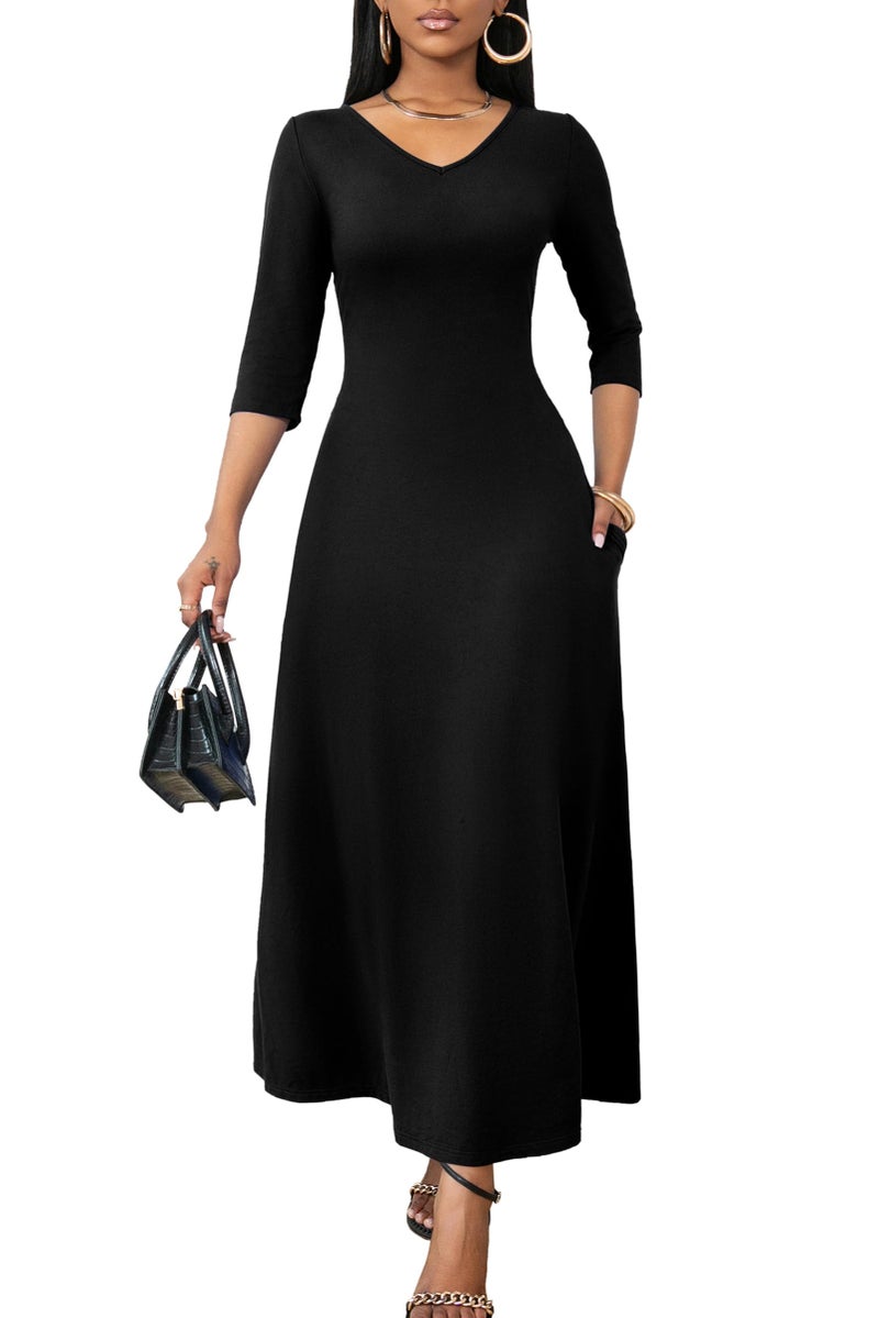 FANDEE Summer Short Sleeve Dress with Pockets for Women Casual V Neck T-Shirt Maxi Dresses, Fall Long Basic Dress X-Large Solid Black - Image 2