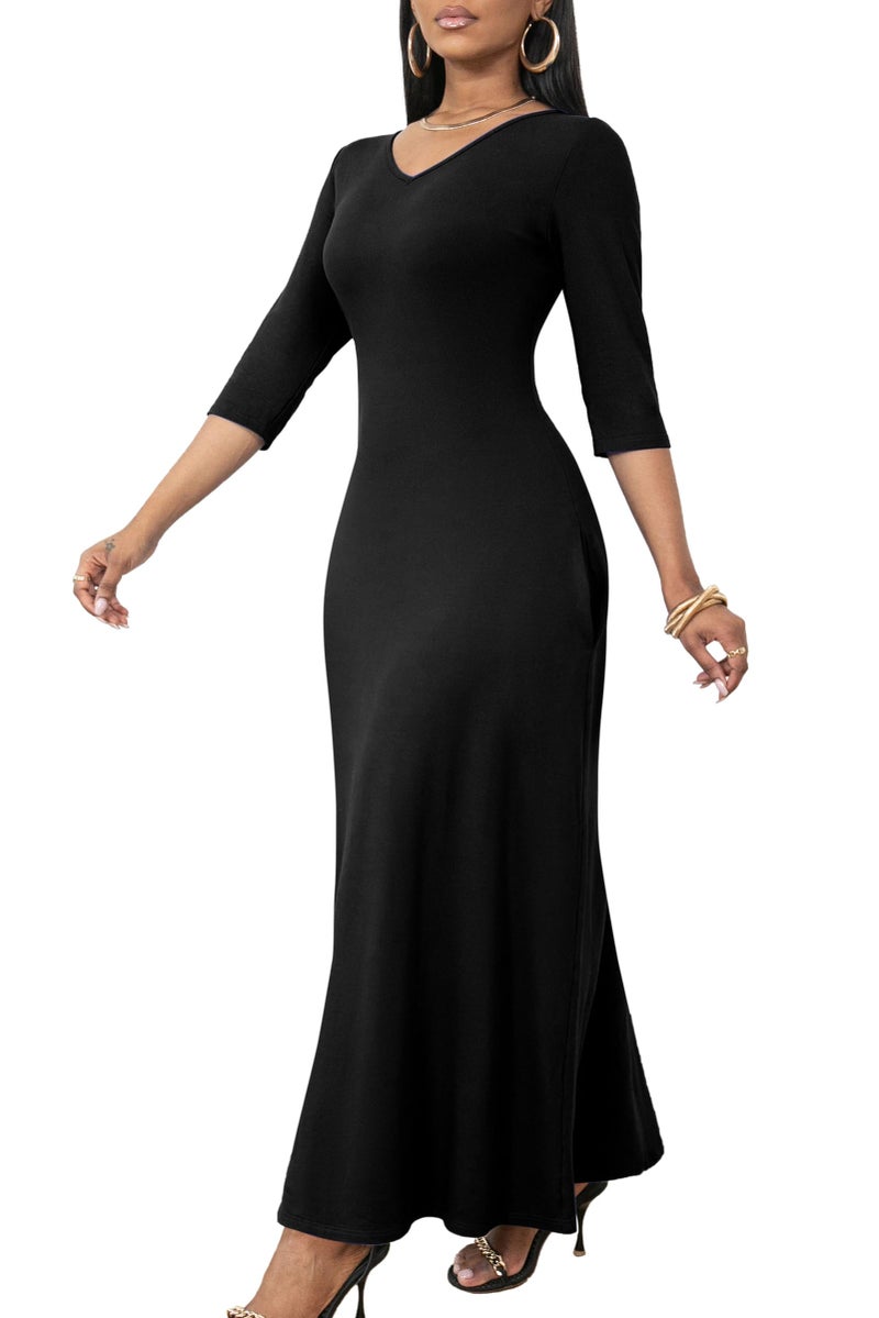 FANDEE Summer Short Sleeve Dress with Pockets for Women Casual V Neck T-Shirt Maxi Dresses, Fall Long Basic Dress X-Large Solid Black - Image 1