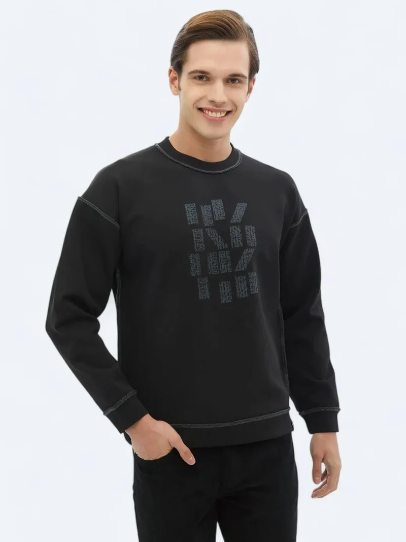 Kip Black Crew Neck Printed Double-Sided Sweatshirt