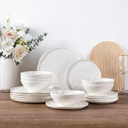 LERATIO Ceramic Dinnerware Sets for 6,Porcelain Plates and Bowls Sets with Wavy Edge, Oven &Microwave & Dishwasher Safe,Light Weight & Scratch Resistant Dishes Sets-Service for 6 (18pcs)-Peal White - Image 1