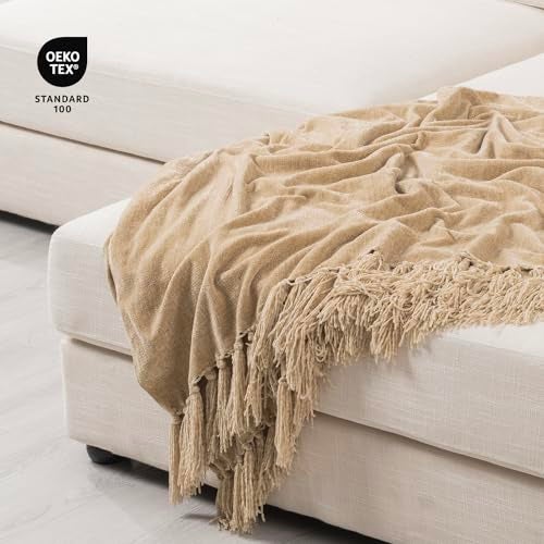 RECYCO Throw Blanket Soft Cozy Chenille Throw Blanket with Fringe Tassel for Couch Sofa Chair Bed Living Room Gift (Beige, 50" x 60") - Image 5