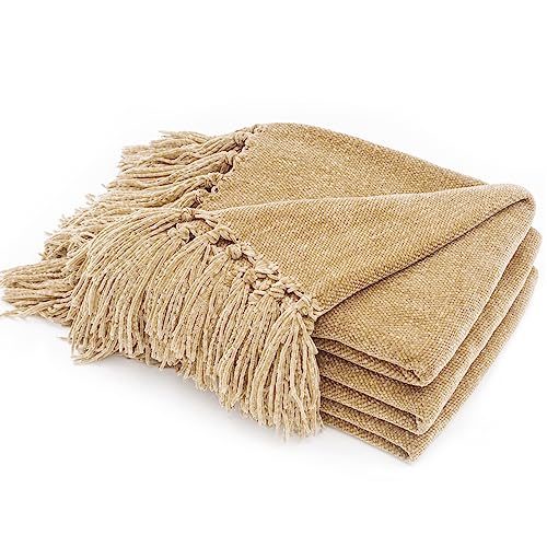 RECYCO Throw Blanket Soft Cozy Chenille Throw Blanket with Fringe Tassel for Couch Sofa Chair Bed Living Room Gift (Beige, 50" x 60") - Image 1