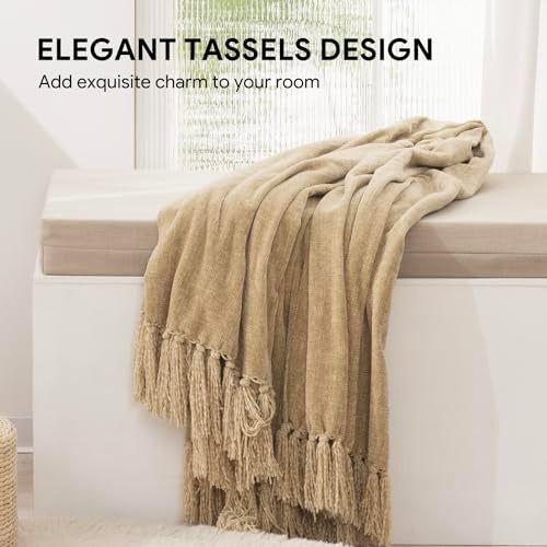 RECYCO Throw Blanket Soft Cozy Chenille Throw Blanket with Fringe Tassel for Couch Sofa Chair Bed Living Room Gift (Beige, 50" x 60") - Image 2