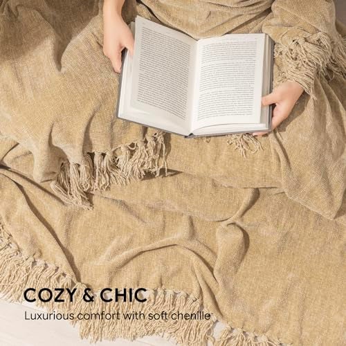 RECYCO Throw Blanket Soft Cozy Chenille Throw Blanket with Fringe Tassel for Couch Sofa Chair Bed Living Room Gift (Beige, 50" x 60") - Image 3