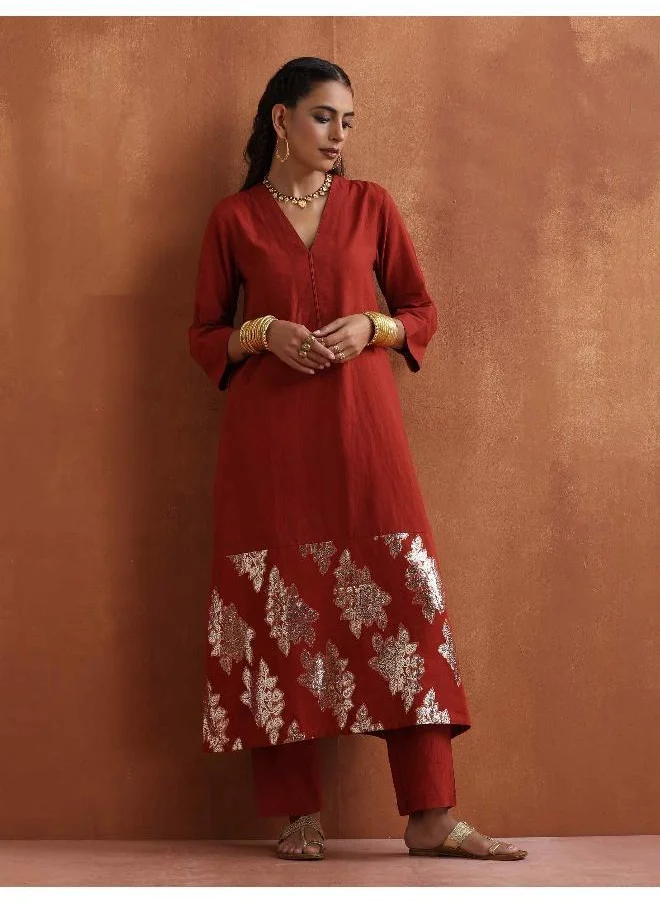 ترو برونز trueBrowns Rust Metallic Straight Kurta Set