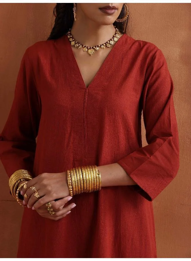 trueBrowns Rust Metallic Straight Kurta Set