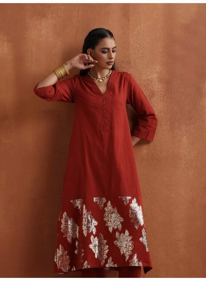 trueBrowns Rust Metallic Straight Kurta Set