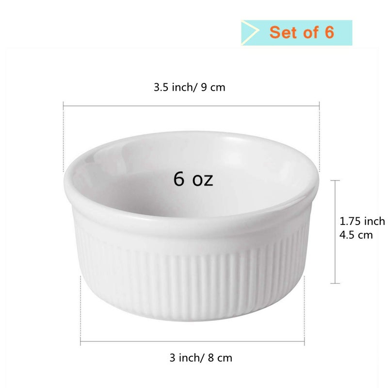 ComSaf Porcelain Ramekin Bowls for Baking(6 oz), Souffle Dish for Creme Brulee, Custards, Pudding, Dessert, Ice Cream, Dipping Sauce, Set of 6, White - Image 5