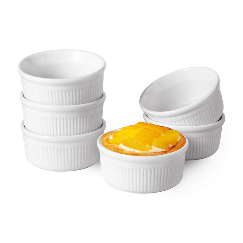 ComSaf Porcelain Ramekin Bowls for Baking(6 oz), Souffle Dish for Creme Brulee, Custards, Pudding, Dessert, Ice Cream, Dipping Sauce, Set of 6, White - Image 1