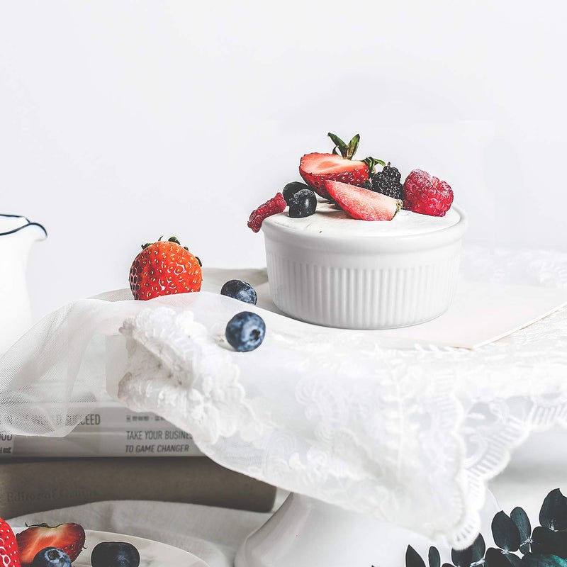 ComSaf Porcelain Ramekin Bowls for Baking(6 oz), Souffle Dish for Creme Brulee, Custards, Pudding, Dessert, Ice Cream, Dipping Sauce, Set of 6, White - Image 3