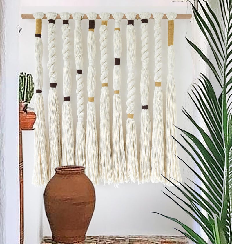 Flber Macrame Wall Hanging Woven Knot and Tassel Fringe Handmade Boho Wall Art for Bedroom, Living Room, or Entryway Decor 27" W x 29" L - Image 1